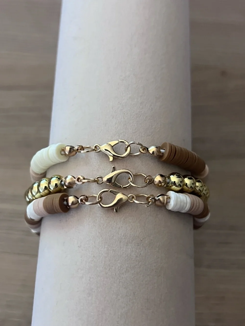 3 Piece Neutral Heishi Bead Bracelet Set Gold Bead LOVE Charm Stretch Clasp
